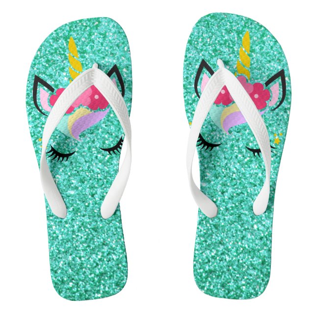 Personalised Unicorn Teal Glitter Flipflop Sandals (Footbed)