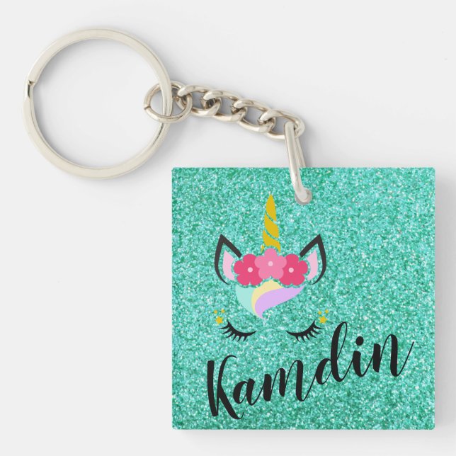 Personalised Unicorn Teal Glitter Key Chain (Front)