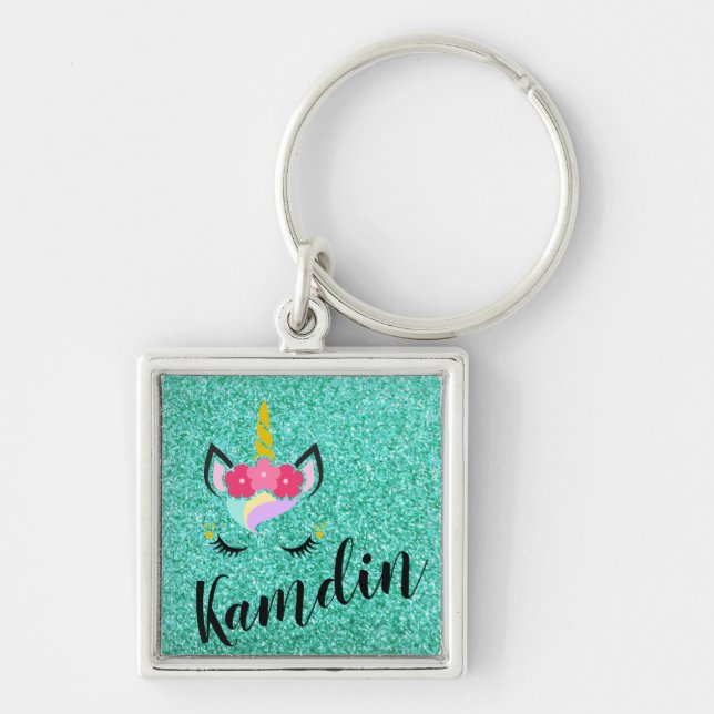 Personalised Unicorn Teal Glitter Key Chain (Front)