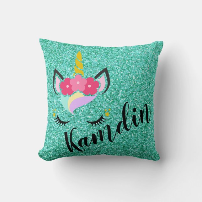 Personalised Unicorn Teal Glitter Pillow (Front)