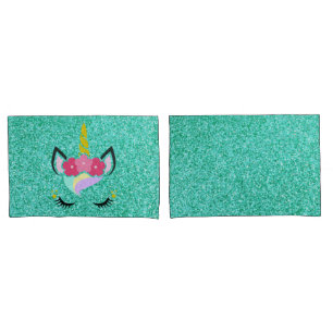 Personalised Unicorn Teal Glitter Pillow Cases