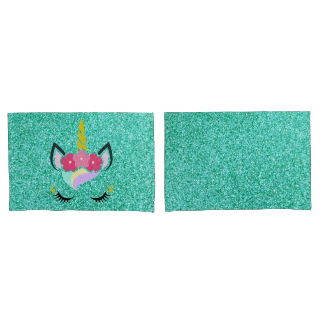 Personalised Unicorn Teal Glitter Pillow Cases (Front-Set)