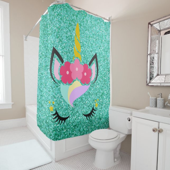 Personalised Unicorn Teal Glitter Shower Curtain (In Situ)