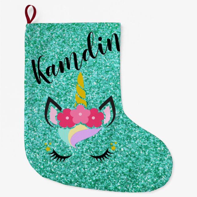 Personalised Unicorn Teal Glitter Stocking (Front)