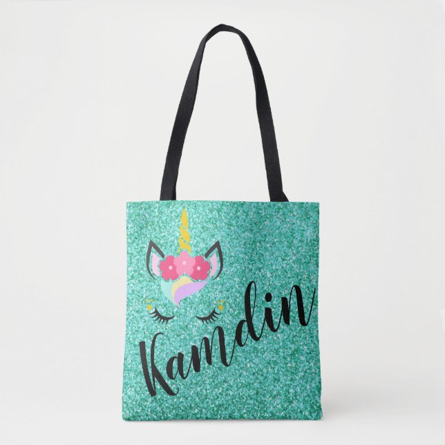 Personalised Unicorn Teal Glitter Tote Bag (Front)