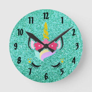 Personalised Unicorn Teal Glitter Wall Clock