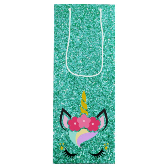 Personalised Unicorn Teal Glitter Wine Gift Bag (Front)