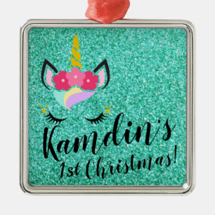 Personalised Unicorn Teal Glitter XMAS Ornament