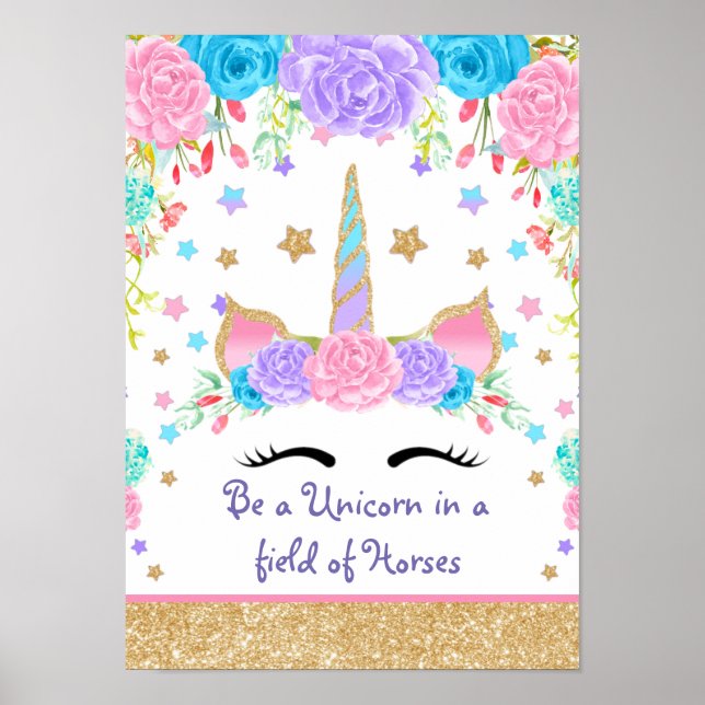 Personalised  Unicorn Watercolor flower Poster (Front)