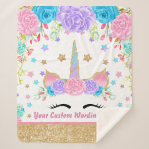 Personalised  Unicorn Watercolor flower Sherpa Blanket