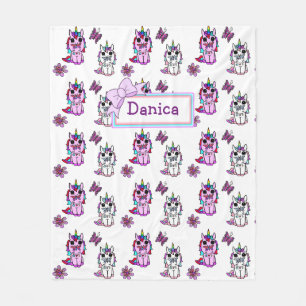 Personalised Unicorn  with Bow Purple Fleece Blanket