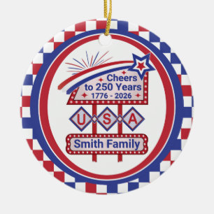 Personalised USA 250–Patriotic Retro Marquee Ceramic Tree Decoration