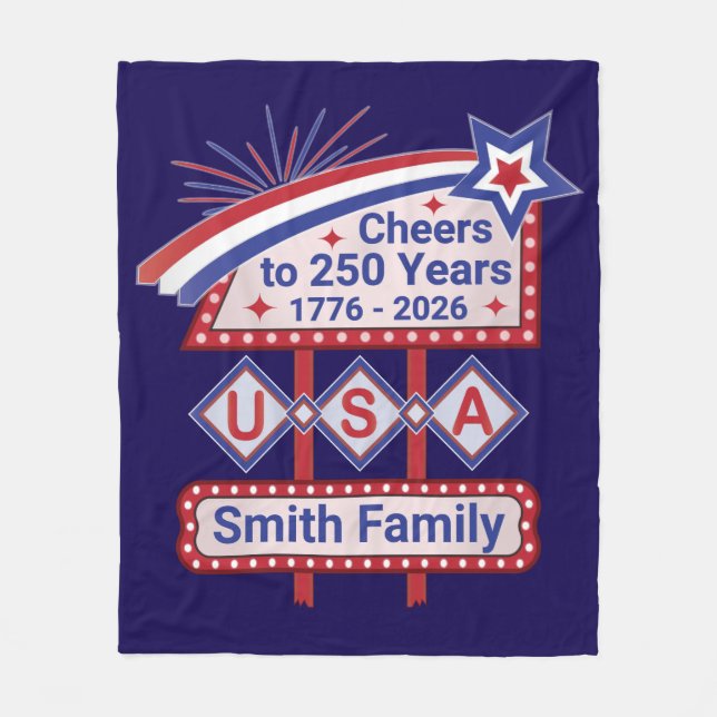 Personalised USA 250–Patriotic Retro Marquee Fleece Blanket (Front)