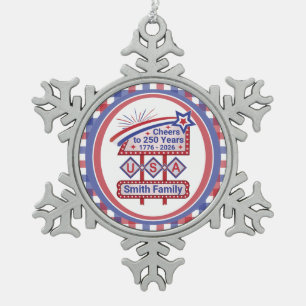 Personalised USA 250–Patriotic Retro Marquee Snowflake Pewter Christmas Ornament