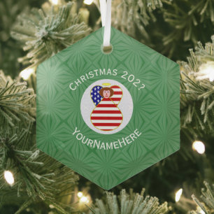 Personalised USA Angel Christmas Flag Red Hair Glass Tree Decoration