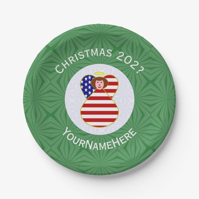 Personalised USA Angel Christmas Flag Red Hair Paper Plate (Front)