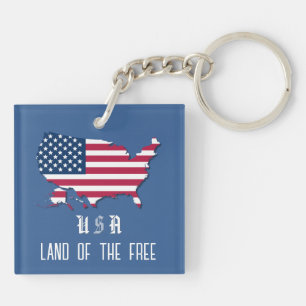 Personalised USA Flag Over Map in Denim Blue Key Ring