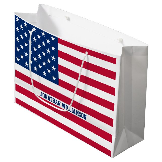 Personalised USA Flag Stars and Stripes Large Gift Bag (Front Angled)