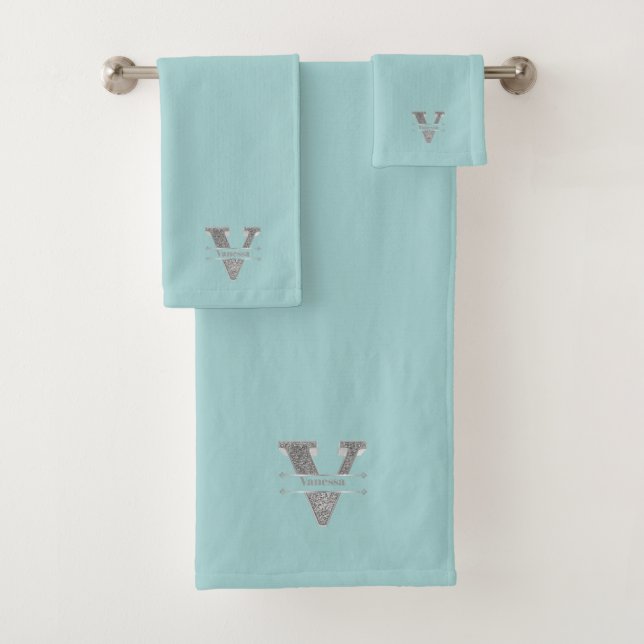 Personalised V Initial Silver Monogram Your Name B Bath Towel Set (Insitu)