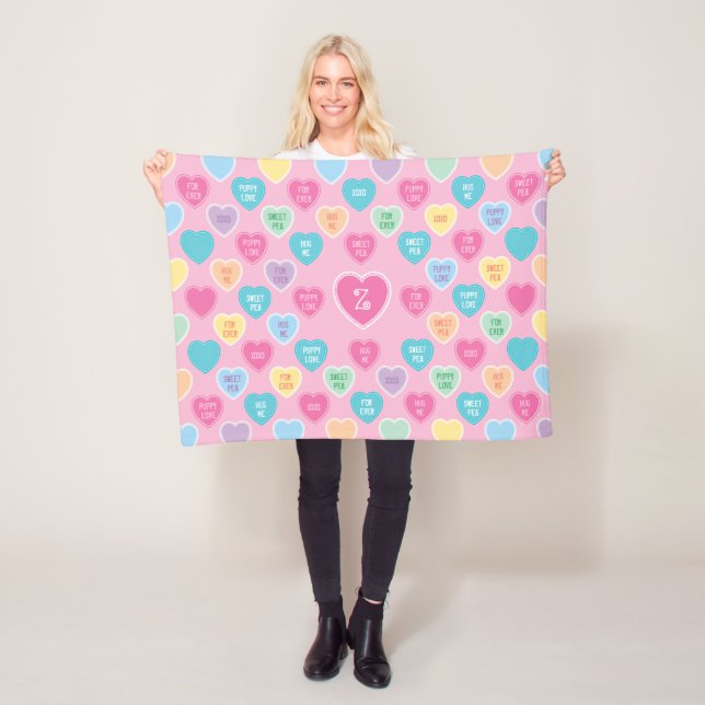 Personalised Valentine Candy Hearts Pink Fleece Blanket (In Situ)
