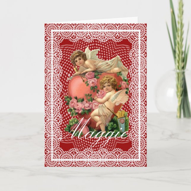 Personalised Valentine Message Antique Cupids Holiday Card (Front)