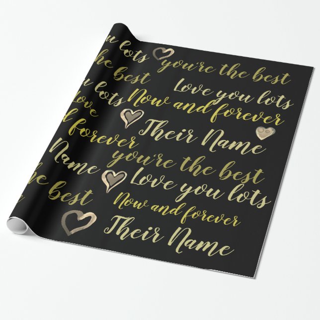 Personalised VALENTINE - Words of Love Black Gold Wrapping Paper (Unrolled)