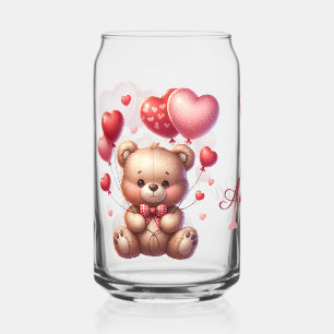 Personalised Valentines Day Bear Holding Balloons Can Glass