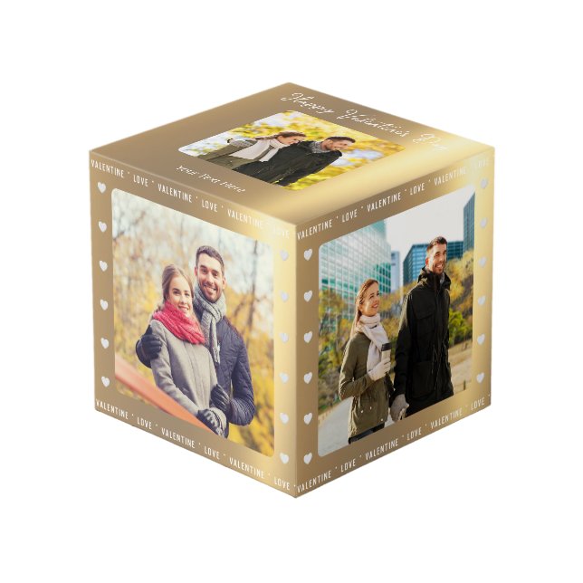 Personalised Valentine's Day Faux Gold Multi Photo Cube (Front Angled)