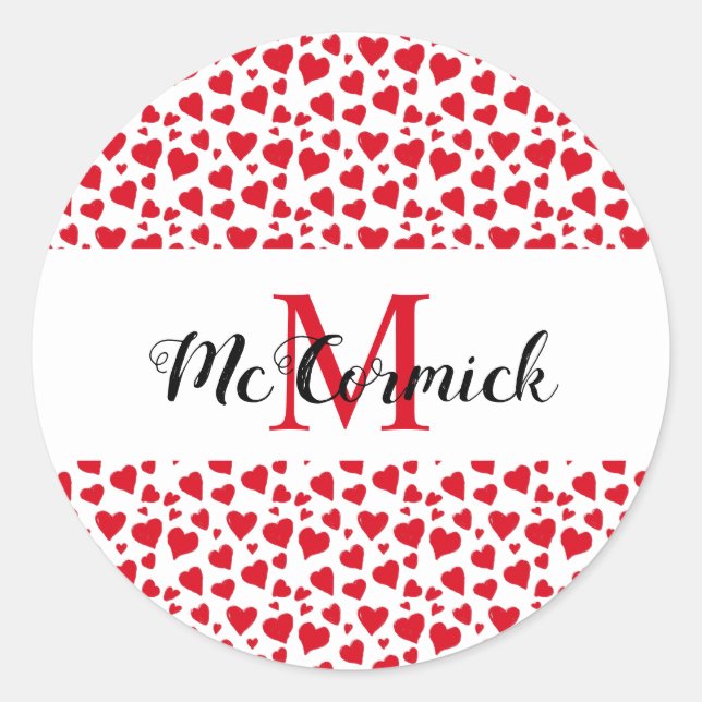 Personalised Valentines Day Red Heart Doodle Classic Round Sticker (Front)