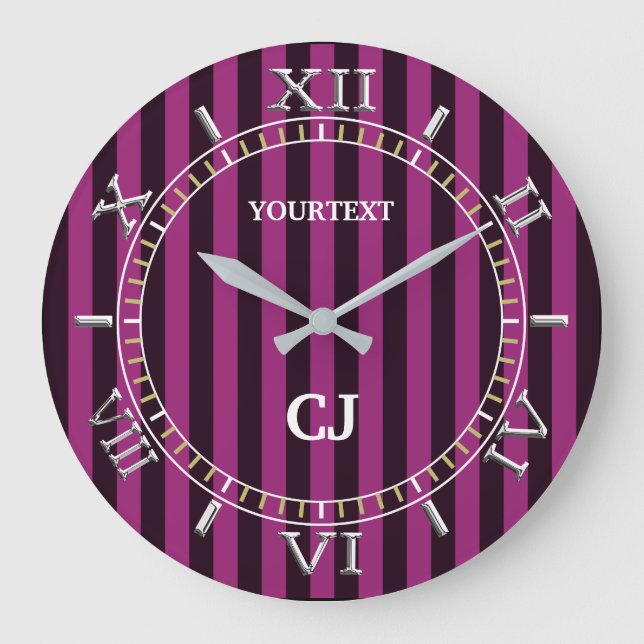 Personalised Vertical Fuchsia Stripes Dial on a Large Clock (Front)