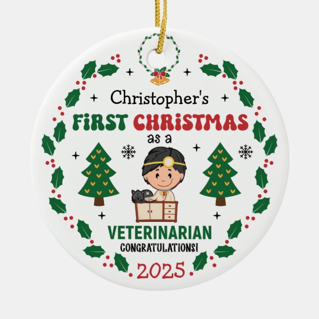 Personalised Veterinarian First Christmas Tree Ceramic Tree Decoration (Front)