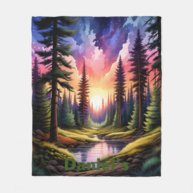 Personalised Vibrant Mountain Pine Forest Sunset.  Fleece Blanket (Front)