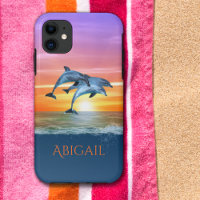 Personalised Vibrant Sunset Dolphins Jumping Ocean