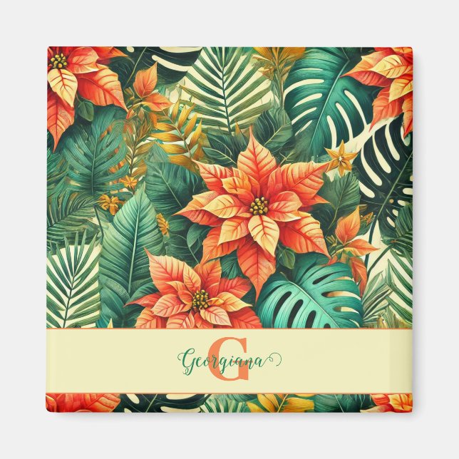 Personalised Vibrant Tropical Christmas Poinsettia Magnet (Front)