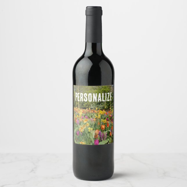 Personalised Vibrant Tulip Flower Garden Wine Label (Front)