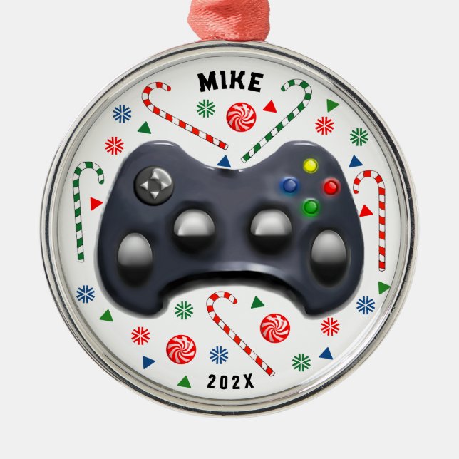 Personalised Video Gamer Holiday Gift Metal Orname Metal Tree Decoration (Front)