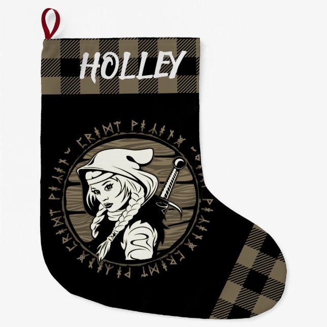 Personalised Viking Archer Maiden Runes Tan Black Large Christmas Stocking (Front)
