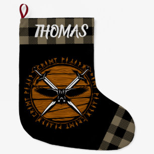 Personalised Viking Crossed Swords Runes Tan Black Large Christmas Stocking