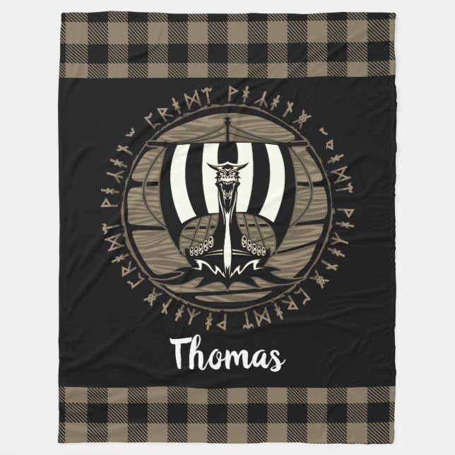 Personalised Viking Dragon Long Ship Runes Black Fleece Blanket (Front)