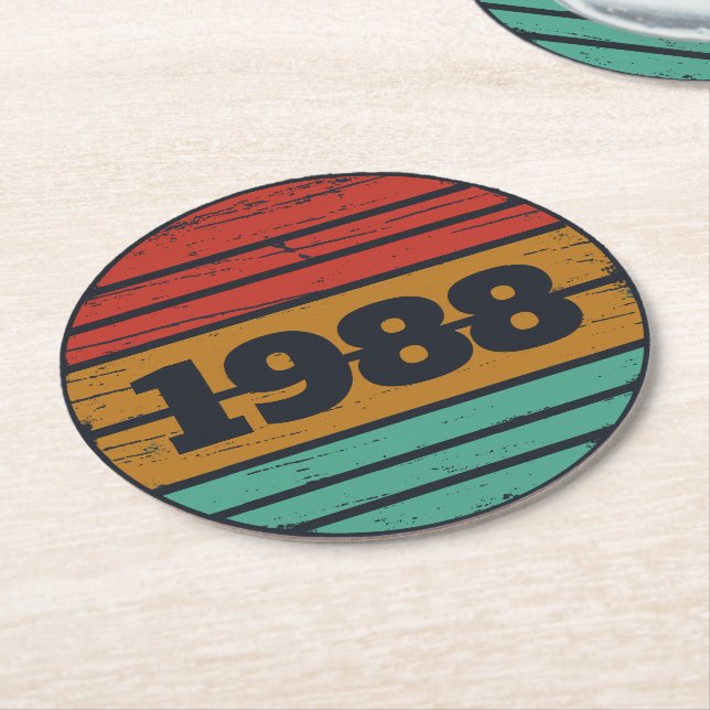 Personalised vintage 35th birthday party round paper coaster (Angled)