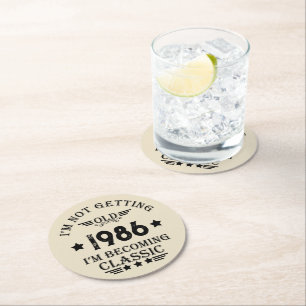 Personalised vintage 35th birthday party round paper coaster