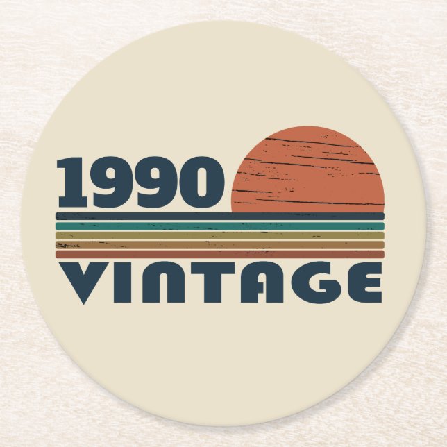 Personalised vintage 35th birthday party round paper coaster (Front)