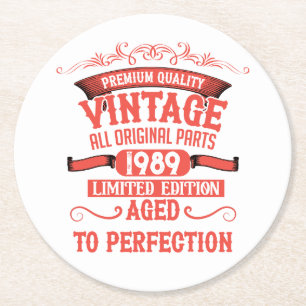 Personalised vintage 35th birthday party round paper coaster