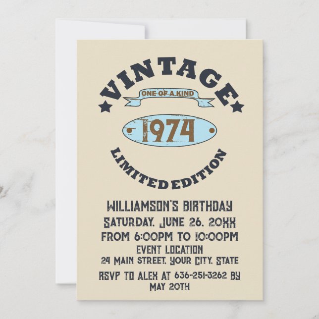 Personalised vintage 50th birthday party invitation (Front)