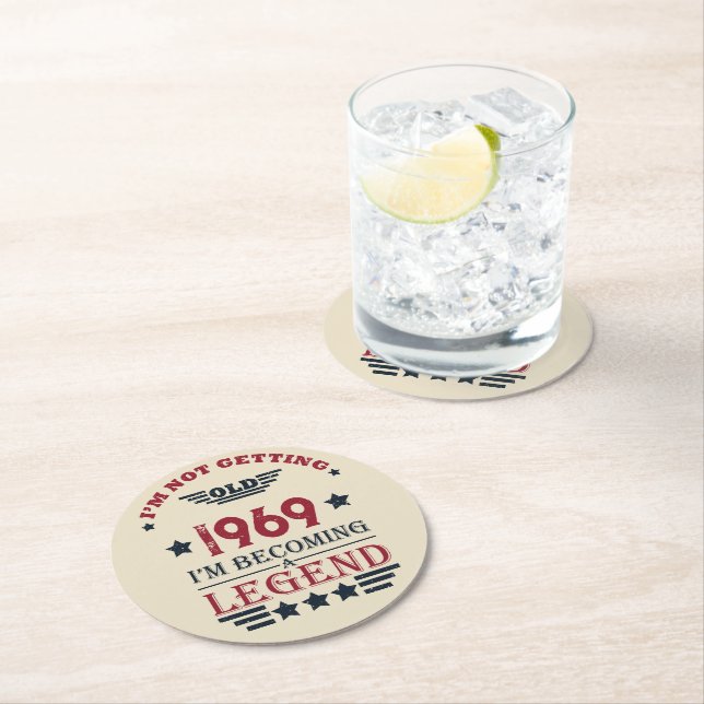 Personalised vintage 55th birthday party round paper coaster (Insitu)