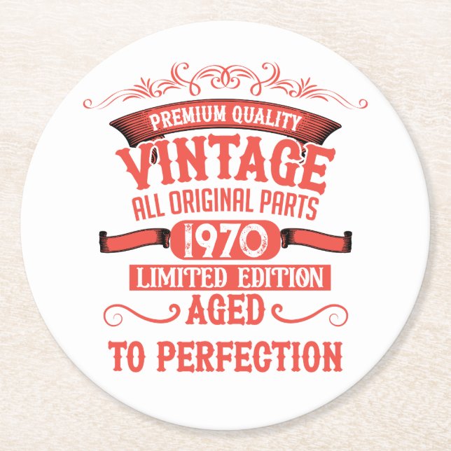 Personalised vintage 55th birthday party round paper coaster (Front)