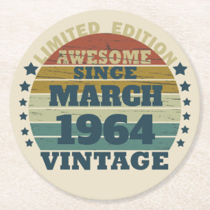 Personalised vintage 60th birthday gift round paper coaster