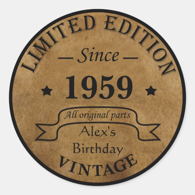 Personalised vintage 65 birthday party  classic round sticker (Front)