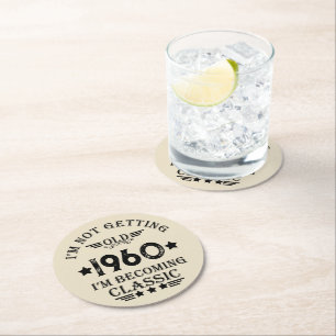 Personalised vintage 65th birthday black round paper coaster