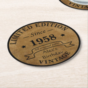 Personalised vintage 65th birthday gift round paper coaster